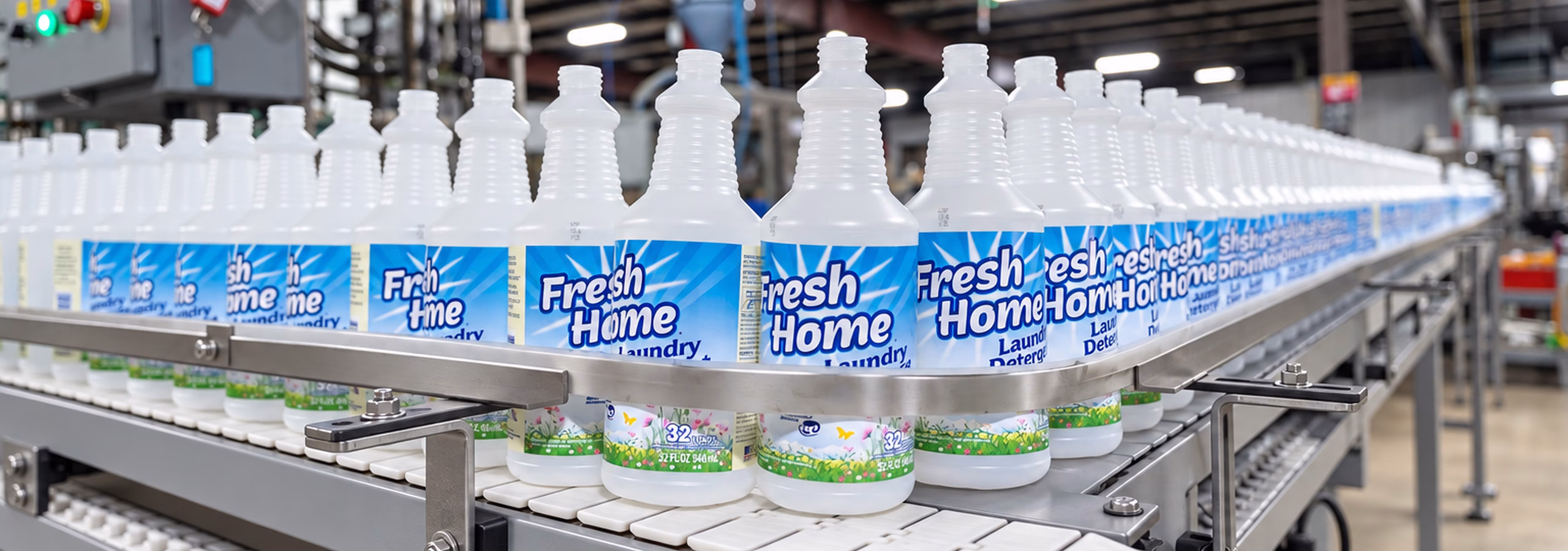 Empty plastic bottles ready to be filled with Fresh Home brand cleanser at Custom Bottling & Packaging.